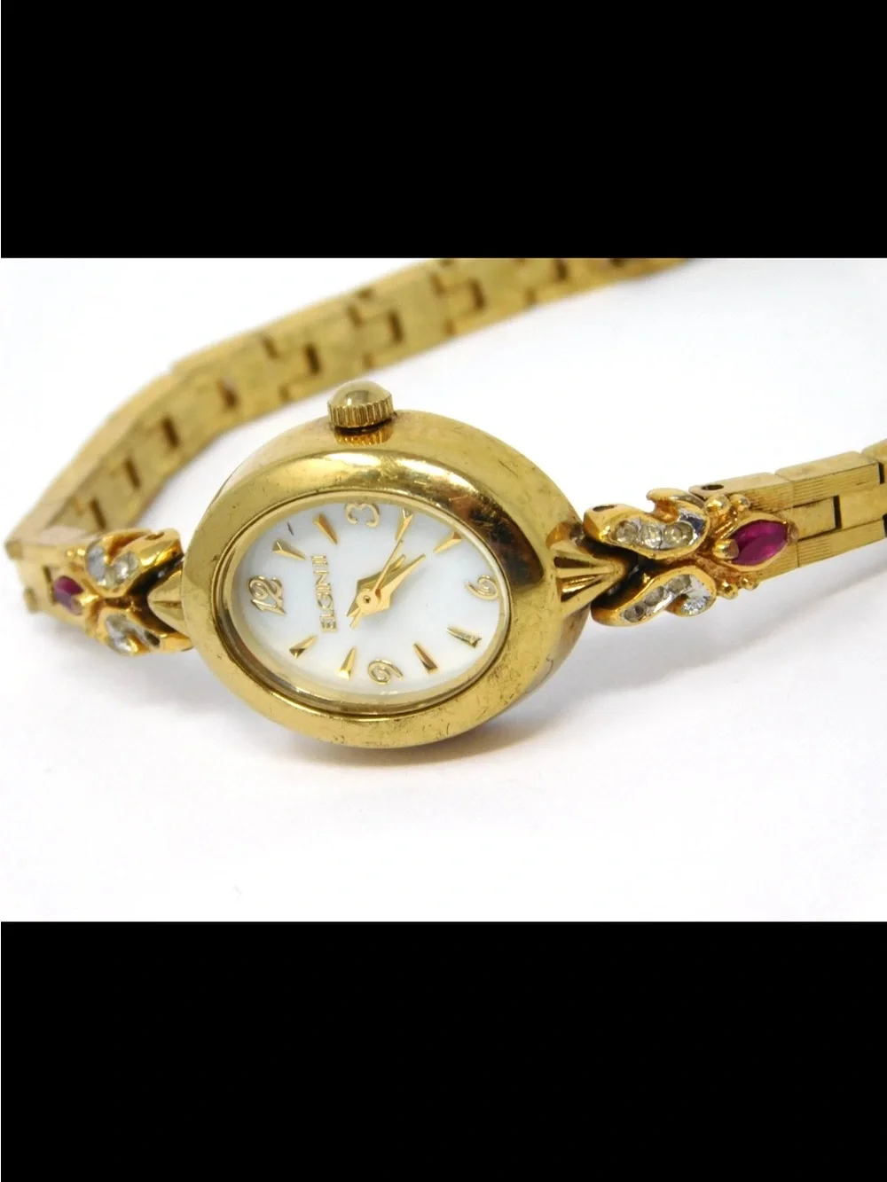 Elgin Women's Watch Ell02 White Dial Gold Ruby Red Accent Ladies Fancy Formal 6